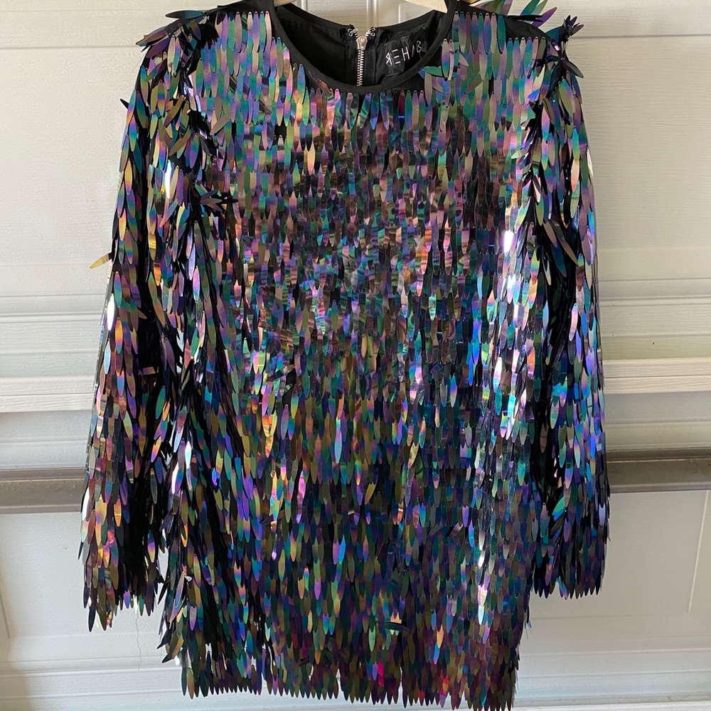 Colorful sequin mini dress, REHAB, size large! NWT